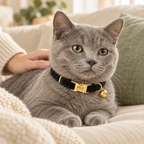 Gray cat wearing a black velvet collar with an engraved gold buckle and bell on a cream blanket.